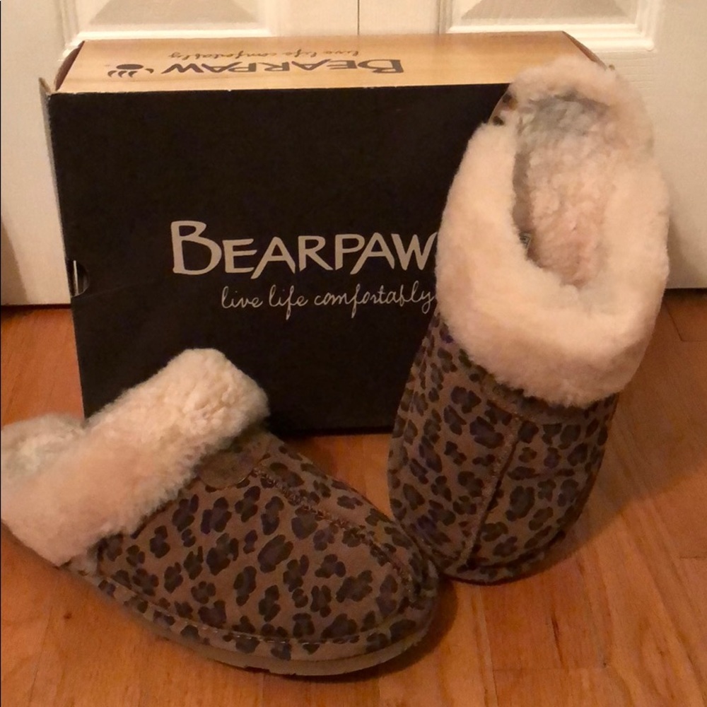 Leopard print bear paw slip ons